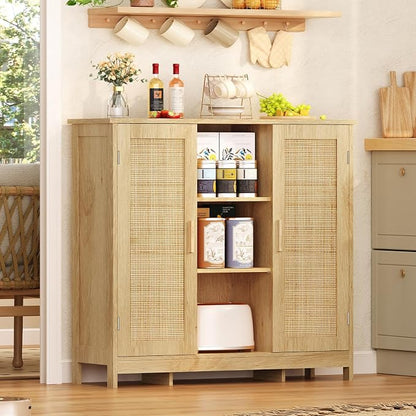 Iwell Rattan Storage Cabinet with 4 Adjustable Shelves, Coffee Bar Cabinet, Sideboard Buffet for Kitchen, Living Room, Entryway, Natural
