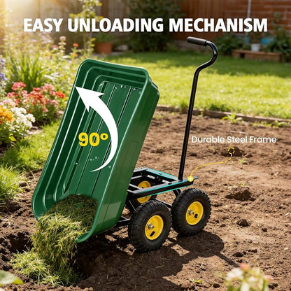 Heavy Duty Garden Dump Cart - 600lbs Load Capacity, 10" All-Terrain Wheels, Quick-Release System, Durable Poly Bed, 180° Rotating Handle, Yard Cart for Landscaping, Farm, and Outdoor Work