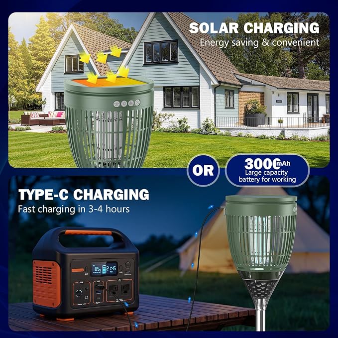 All in 1 Solar Bug Zapper Outdoor, Flame & Projection Mode, Auto/Manual Modes, 4200V Electric Mosquito Killer with High Powered, IPX5 Waterproof Rechargeable Fly Insect Trap for Patio Garden Yard RV