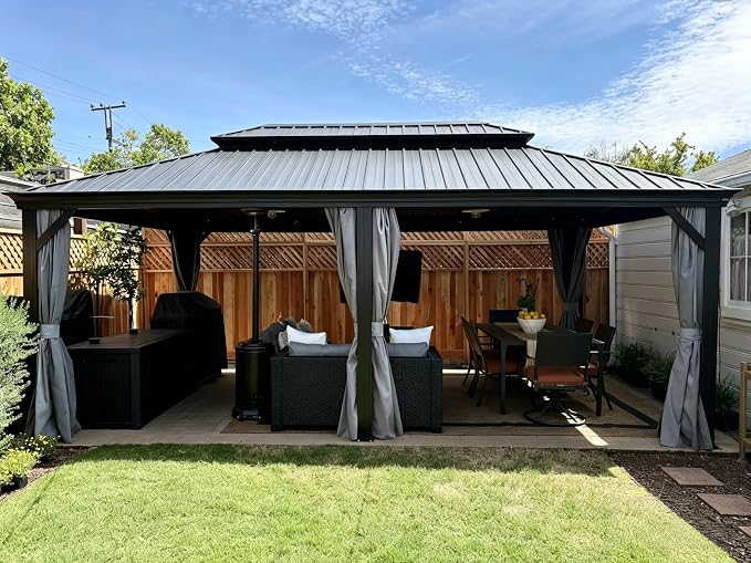 YITAHOME 12x20ft Hardtop Gazebo with Nettings and Curtains | Heavy Duty Double Roof Galvanized Steel Outdoor Combined of Vertical Stripes Roof for Patio, Backyard, Deck, Lawns, Gray