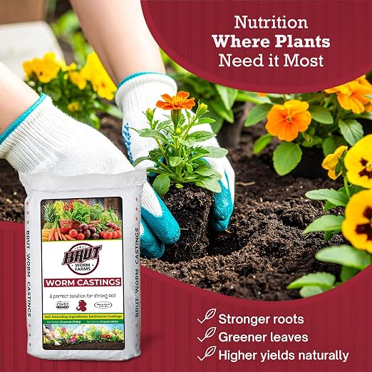 Brut Worm Farms 30 LB Organic Worm Castings, Natural Fertilizer for Indoor Outdoor Plants – Compost Soil Control, Mineral-Rich Potting Mix Additive Plant Food for Soil Health and Garden Growth