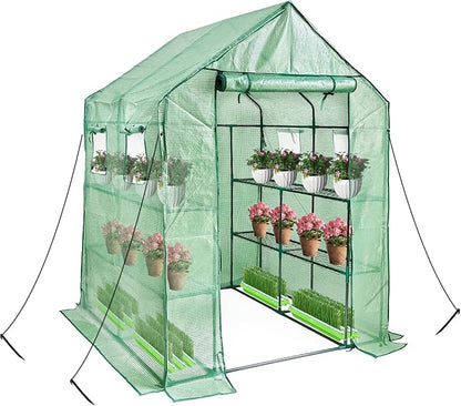 Walk in Greenhouse with Shelves,Plastic Growhouse Frame for Garden,12 Tiers Green House with Reinforced PE Cover and 4 Windows,56" L x 56" W x 77" H,for Indoor Outdoor Seeding and Plant Growing