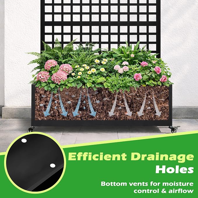 Metal Raised Garden Bed with Grid Trellis and Wheels, 43” L x 16” W x 71” H Privacy Screen for Climbing Plants, Metal Planter Box with Drainage Holes, Black
