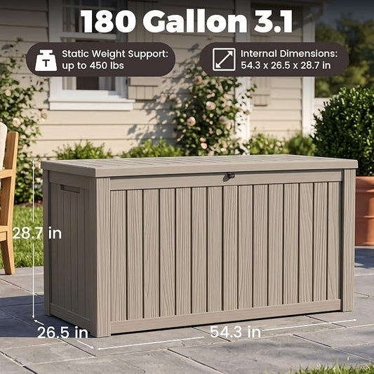 Outdoor Storage Box, 180 Gallon Waterproof Deck Box [Upgraded 3.1], Large Resin Storage with Hydraulic Gas Lifts for Cushions, Lawn Mower Tools Chest Bench, Large Backyard, Grey