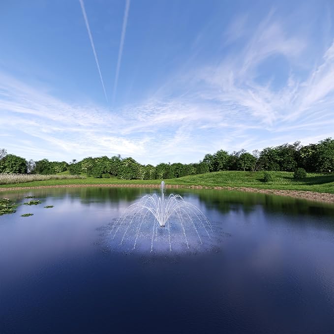 FS01 110V, 1 HP, Large Pond Floating Fountain, Oil Free Pump 13000 GPH with 100’ Cord, Two Spray Patterns Included