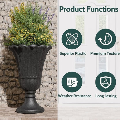 23.6" Tall Plastic Urn Planters for Outdoor Plants, Set of 2 Heavy-Duty Classic Indoor Large Flower Pots with Drainage Holes & Petal Design, Outdoor Planters for Porch, Home Garden, Black