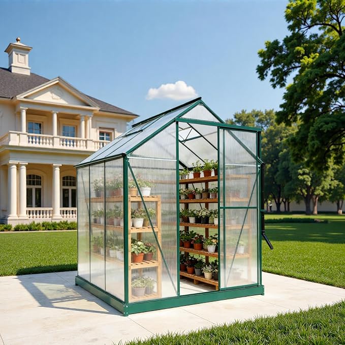 6x6 FT Greenhouse, Walk-in Polycarbonate Greenhouse, Heavy Duty Aluminum Outdoor Green House Kit with Sliding Door, Roof Vent, Rain Gutter for Backyard Garden All Season Growing, Green