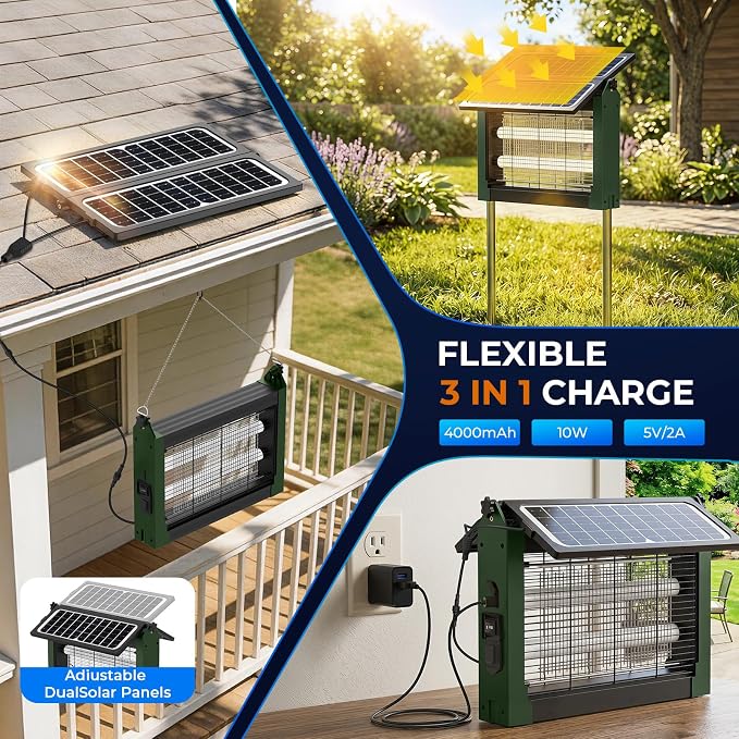 Solar Bug Zapper, 4500V Mosquito Zapper Outdoor Waterproof with Dual Solar Panel, USB Rechargeable Mosquito Killer, Cordless Fly Insect Zapper Waterproof for Patio Yard Garden Home Camping