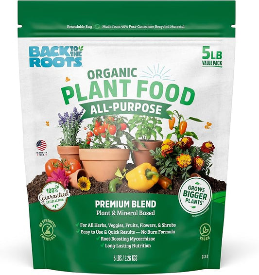 Back to The Roots Organic All-Purpose Plant Food (5 lb. Value Size), Premium Blend, Safe & Sustainable Vegan Formulation Made with Kelp and Alfaalfa Meal, Mycorrhize, and Rock Phosphate Minerals