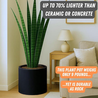 Fox & Fern Large Indoor Planter, Modern Large Plant Pot for Indoor or Outdoor, UV and Frost Resistant - 14.6 Inch, Matte Black Flower Pot with Drainage Plug, Lightweight