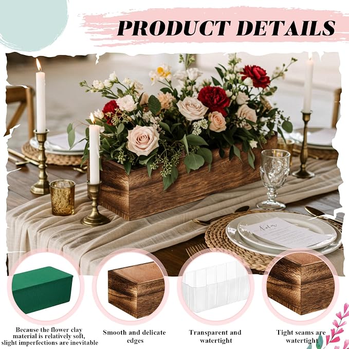Dandat 3 Set Wood Boxes for Centerpieces 12x4 Inch Rectangle Wooden Planter Box Rustic Wood Planter with Removable Plastic Liner Floral Foam Blocks for Centerpieces Home Wedding Garden Decor