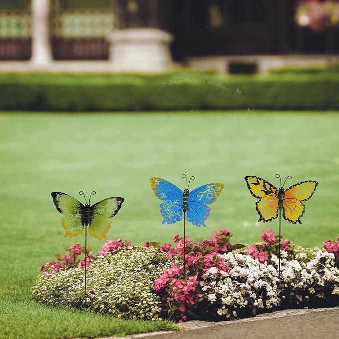 3 Pack Butterfly Garden Stakes Decor, 17" H Metal Butterflies Stakes Yard Art Ornaments for Indoor Outdoor Lawn Porch Pathway Patio Plant Pot Flower Bed Decor