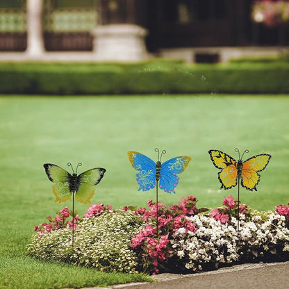3 Pack Butterfly Garden Stakes Decor, 17" H Metal Butterflies Stakes Yard Art Ornaments for Indoor Outdoor Lawn Porch Pathway Patio Plant Pot Flower Bed Decor