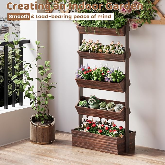 Wooden Raised Garden Bed Vertical Planter Box, Freestanding Plant Stand for Indoor Outdoor Plants, Herbs, Flowers, Vegetables, Gardening (Carbonized, 5-Tier，29.9 x 17.9 x 68in)