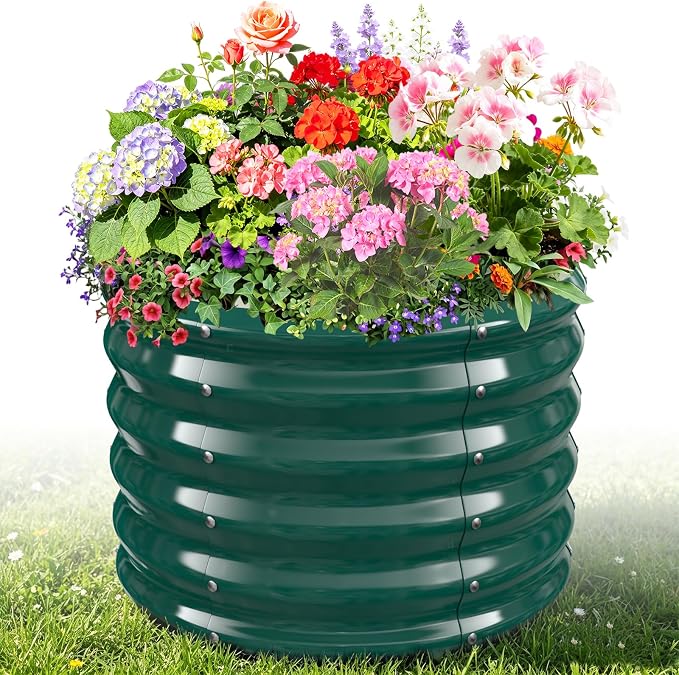 24" Diameter Round Raised Garden Bed - 17 Inch Tall, Heavy-Duty Galvanized Steel Planter Box with Wave-Shaped Panels for Vegetables, Herbs & Flowers (1, Green, 24 Inch Diameter)