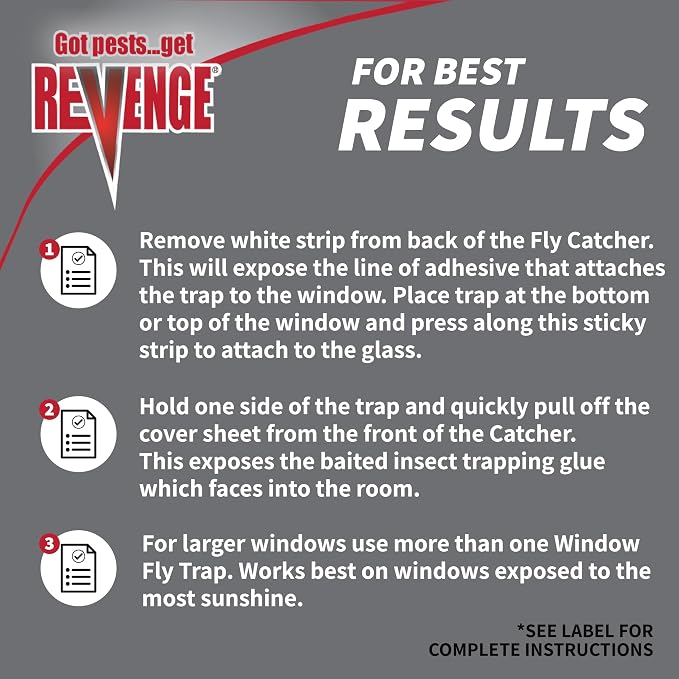 REVENGE No Escape Window Fly Catchers, Pack of 4 Non-Toxic Sticky Tape Strips for Indoor Use, Attract & Trap Insects