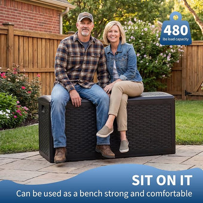 99 Gallon Waterproof Large Resin Deck Box Indoor Outdoor, Lockable Storage Container for Patio Furniture Cushions, Throw Pillows, Garden Tools, and Pool Floats, Brown