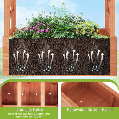 HAPPYGRILL Raised Garden Bed with Trellis, 2 Pack Freestanding Wood Planter Box w/Hanging Roof & 4 Drainage Holes for Vine Climbing Plants Flowers, Outdoor Planter with Trellis for Garden Patio Yard