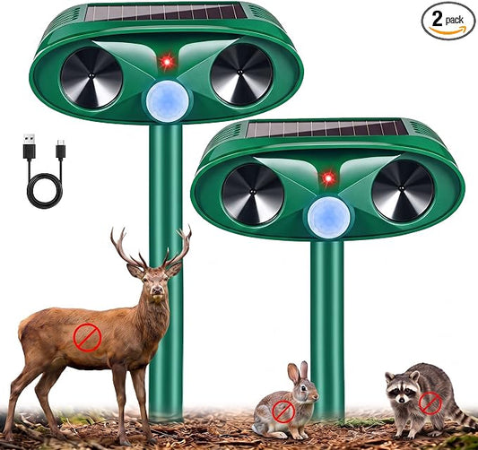 Ultrasonic Deer Repellent Device for Plants Garden Solar Animal Repellent Outdoor with Motion Activated for Rabbit Cat Deterrent Raccoon Squirrel Fortress Pro Keep Pest Out of Yard,2 Pack