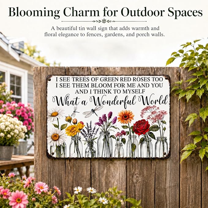 Vintage Flower Garden Metal Sign, 8x12 In Rustic Tin Wall Decor | floral metal sign with rope and 4 pins for garden, porch, patio, fence, farmhouse and home wall decor
