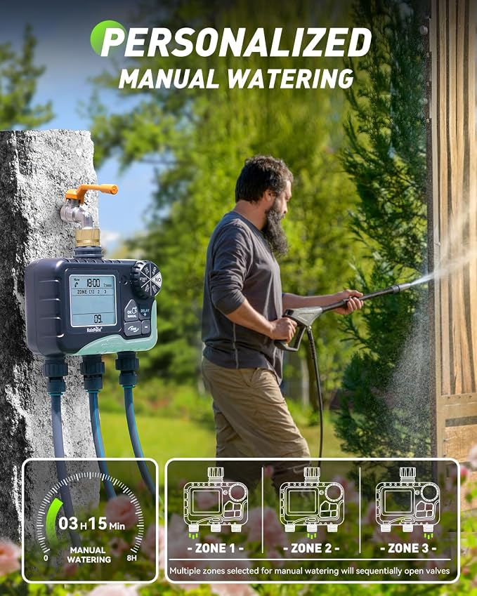 RAINPOINT 3 Zone Sprinkler Timer with Brass Inlet, Water Timer for Garden Hose,Rain Delay/Manual/Automatic Watering System, Hose,Hose Timers for Watering with IP65 Waterproof, Large LCD for Yard