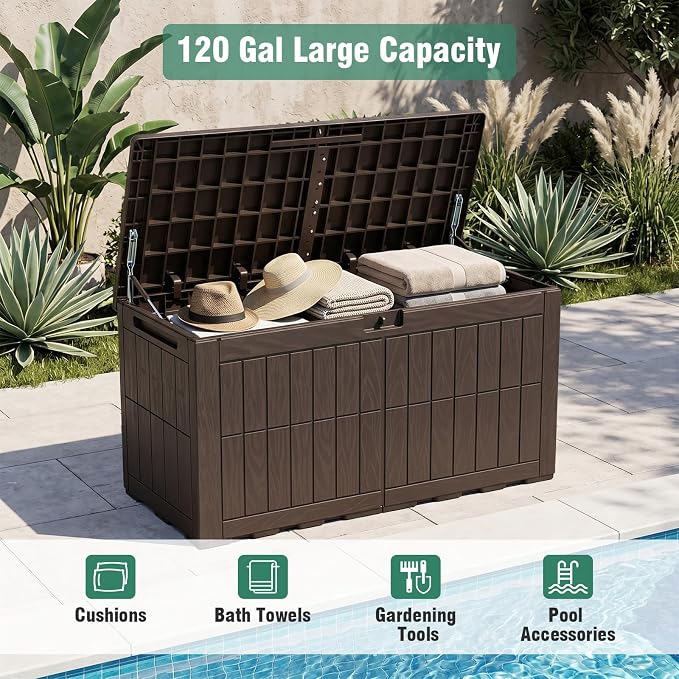 Tangkula 120 Gallon Outdoor Storage Box, Waterproof PP Resin Patio Storage Box with Lockable Lid for Indoor & Outdoor Use, 2-in-1 Rattan Design Deck Box for Cushions, Garden Tools