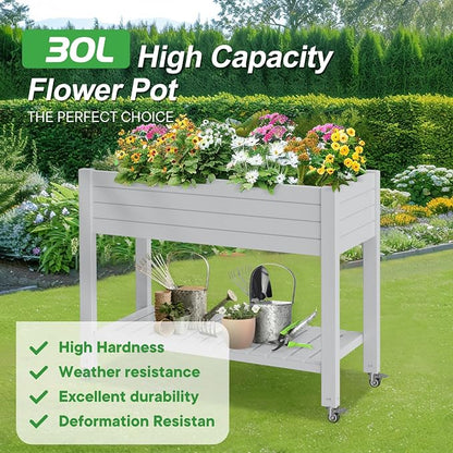 PatioZen Raised Garden Bed, 33.66" Tall Self-Watering Resin Planter Box with Legs & Lockable Wheels Drainage Plug and Gauge for Flowers, Vegetables, Storage Shelf for Tools and Accessories Ashen