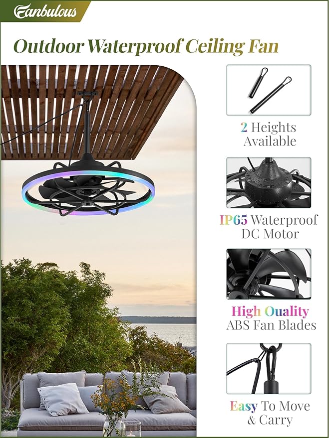Fanbulous Outdoor RGB Ceiling Fans with Light for Patios, 24" Waterproof Plug in Ceiling Fan, Gazebo Fan Remote&APP Control, 3CCT Dimmable,Caged Ceiling Fan with Hanging Hook for Porch, Pergola
