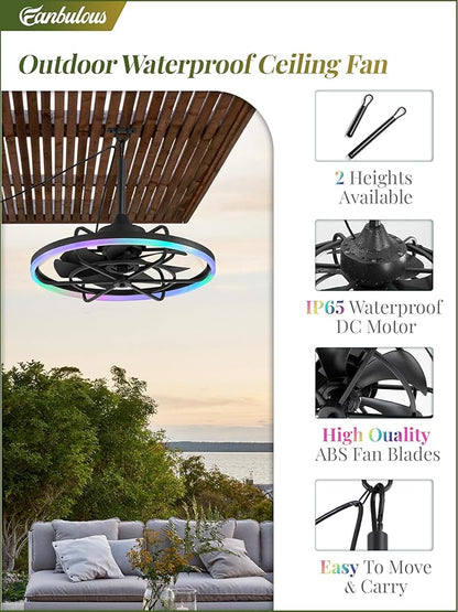 Fanbulous Outdoor RGB Ceiling Fans with Light for Patios, 24" Waterproof Plug in Ceiling Fan, Gazebo Fan Remote&APP Control, 3CCT Dimmable,Caged Ceiling Fan with Hanging Hook for Porch, Pergola