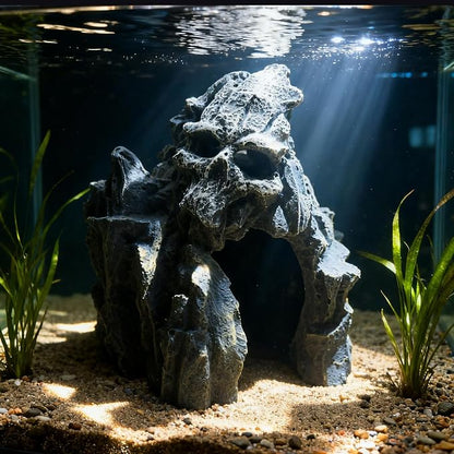 Fish Tank Decorations, Large Aquarium Decor Accessories with Skull Rock Mountain Cave, Bearded Dragon Hideout, Reptile & Amphibian Habitat Hideouts (Dark Gray Mountain)