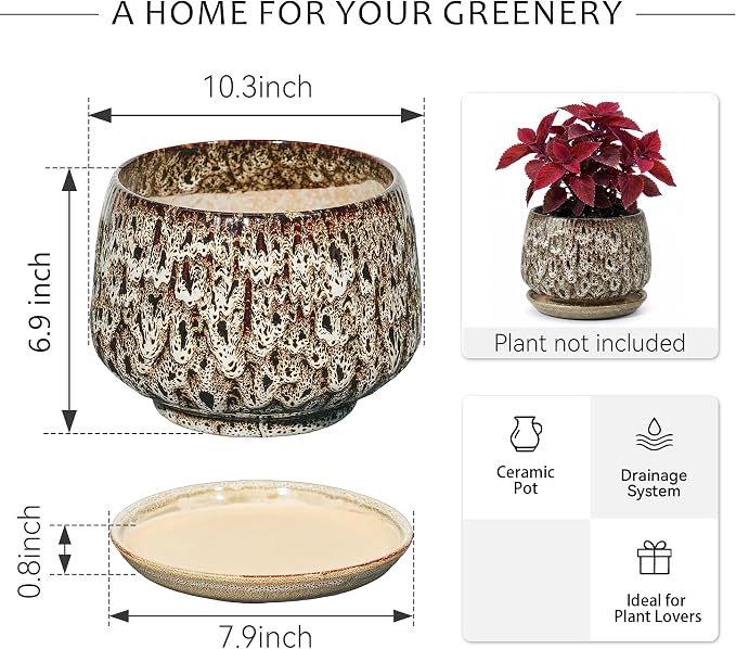 10.3 Inch Ceramic Planter with Saucer,Modern Garden Pots with Drainage Hole Mesh Net, for Indoor Outdoor Use (Speckle White)