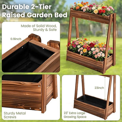 36" 2-Tier Freestanding Elevated Wooden Raised Garden Bed | Tiered fir wood planter with 23" vertical space, drainage holes, liner, and no-bend height for herbs, veggies, or flowers