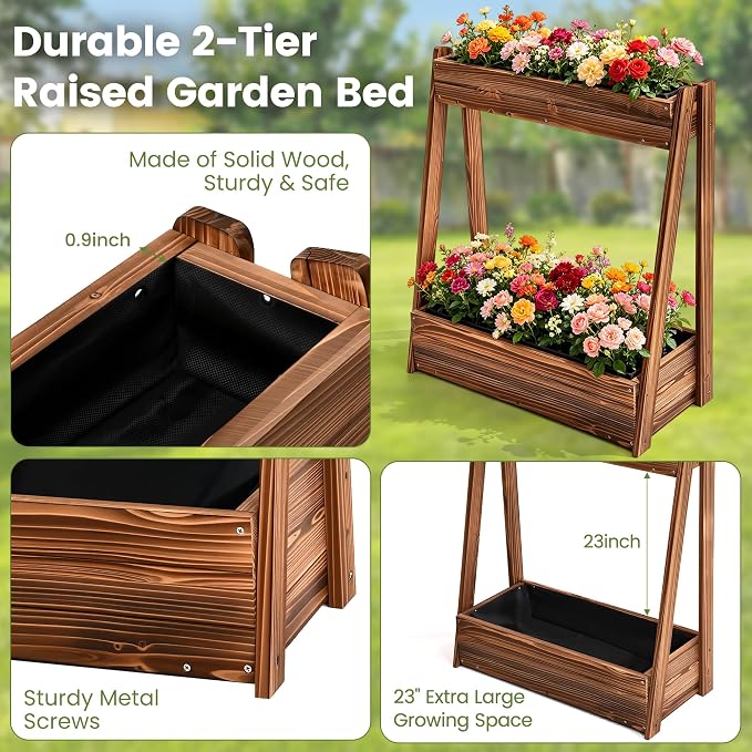 36" 2-Tier Fir Wood Elevated Raised Garden Bed | Fir wood tiered planter with 23" vertical growing space, drainage holes, liner, and no-bend height for patio or balcony