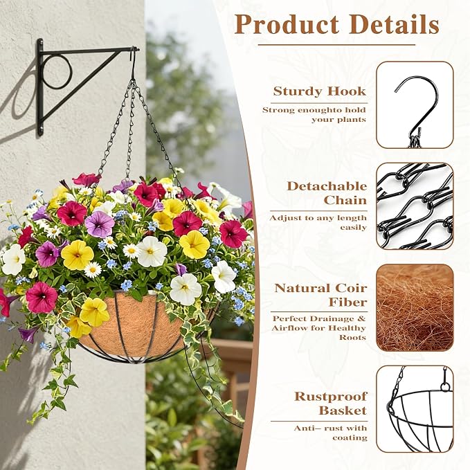 4 Pack Hanging Planter for Outdoor Plants 16 inch Metal Hanging Flower Basket with Coco Coir Liner Round Wire Plant Holder Chain Flower Pots Outdoor Garden Decoration Watering Hanging Baskets(XG)