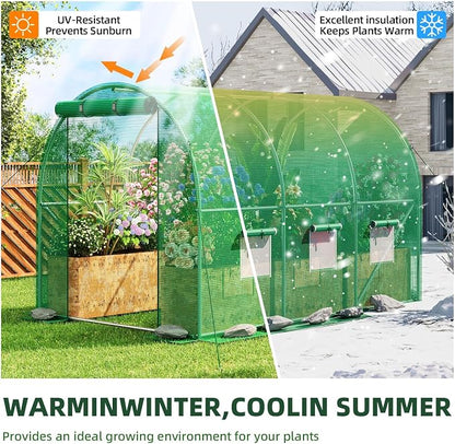 Superlele Heavy Duty Walk-in Greenhouse for Outdoor, 10x6.6x6.6FT Large Garden Green House with Reinforced PE Mesh Cover, 6 Roll-up Windows with Screen, 8 Ground Stakes and Ropes, Green