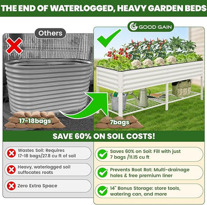 Elevated Raised Garden Bed 2' x 6'- Galvanized Metal Planter Boxes with Legs & Storage Rack, Outdoor Planters for Backyard/Patio/Balcony, with Drainage Holes for Vegetables, Flowers, Herbs, White
