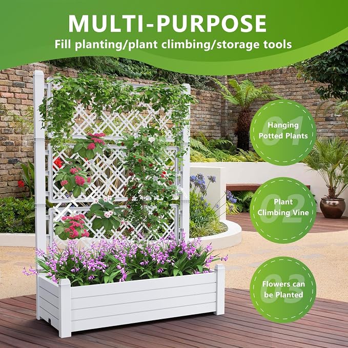 PatioZen Raised Garden Bed with Trellis for Climbing Plants, 43.43" L x 18.27" W x 59.29" H Planter Box with Self Watering Drainage Holes for Outdoor Backyard Patio Balcony, Anti-Rust Resin (Ashen)