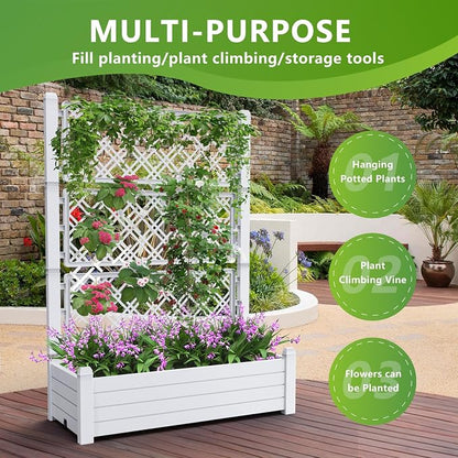 PatioZen Raised Garden Bed with Trellis for Climbing Plants, 43.43" L x 18.27" W x 59.29" H Planter Box with Self Watering Drainage Holes for Outdoor Backyard Patio Balcony, Anti-Rust Resin (Ashen)