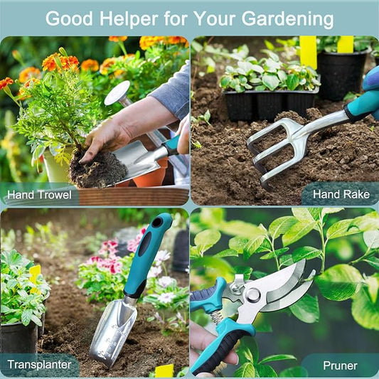 Kynup 7-Piece Gardening Tools Set, Heavy Duty Garden Tools Kit with Garden Trowel, Garden Hand Shovel, Repotting Mat, Rust Resistant, Gardening Essentials & Supplies, Bag, Gifts Kits for Women