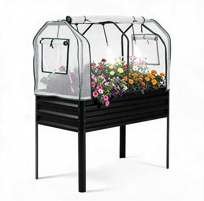 48×24×55in Large Metal Raised Garden Bed with Legs and Cover, Galvanized Oval Raised Bed Planter with Leg for Vegetables and Flowers, Build-in Spray Tube Effortless Watering | Elevated metal planter with built-in 3-spray nozzle watering system, drain t...