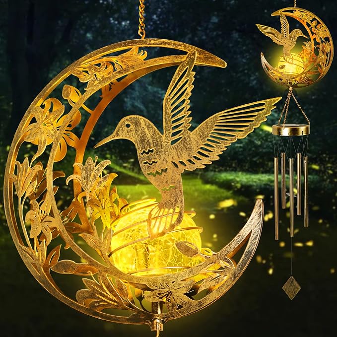 Solar Wind Chimes for Outside Hummingbird Gifts for Women Mom Grandma Sister Crackle Glass Ball Wind Chimes Solar Lights Outdoor Decor for Garden Backyard Patio Yard Porch, Mothers Gift Birthday Gifts