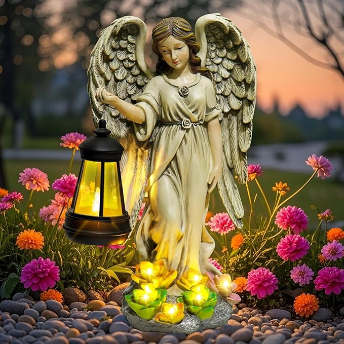 NBQQ Solar Garden Statue Angel Figurine, 11.8 inches Fairy Garden Waterproof Statue with Solar Light and Succulent LED Lights for Outside Yard Patio Balcony Lawn Ornaments, Gifts for Mom Women