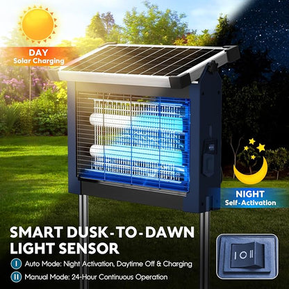 Solar Bug Zapper Outdoor, Waterproof Mosquito Zapper Outdoor Solar Powered, 4500V Electric Bug Zapper Indoor w/Smart Light Sensor, Mosquito Trap Fly Zapper for Patio Kitchen Garage Yard Camping