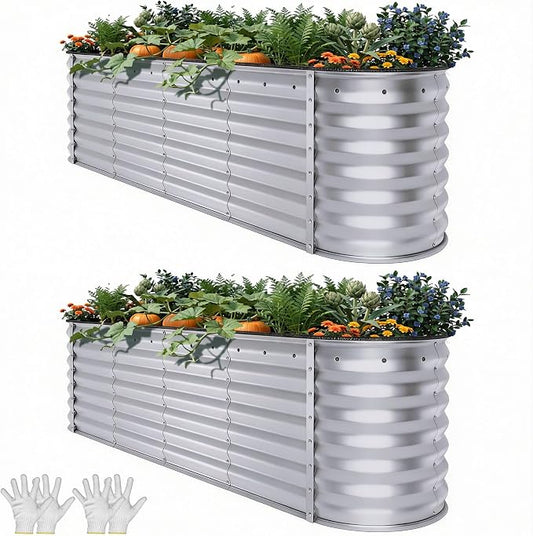 YITAHOME 2pcs 24" Tall 9 in 1 Large Raised Garden Bed Kit, 8x2x2ft Galvanized Metal Planter Box with Gloves and Safety Rubber, Outdoor Above Ground Planters for Plants Vegetables Flowers, Silver Gray
