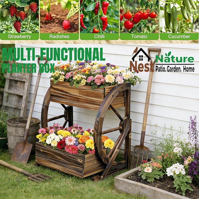 NestNature Wooden Wagon Planter Box|Rustic Planter Use On Indoor&Outdoor | 2-Tier Medium Solid Wood Planter-Flower Pot Use On Patio,Porch,Garden-Raised Garden Bed For Succulents, Herbs, Vegetables