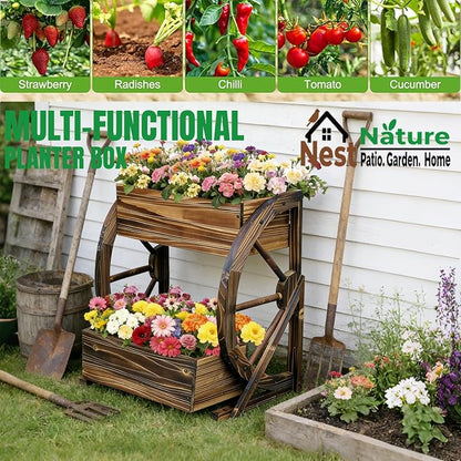 NestNature Wooden Wagon Planter Box|Rustic Planter Use On Indoor&Outdoor | 2-Tier Medium Solid Wood Planter-Flower Pot Use On Patio,Porch,Garden-Raised Garden Bed For Succulents, Herbs, Vegetables