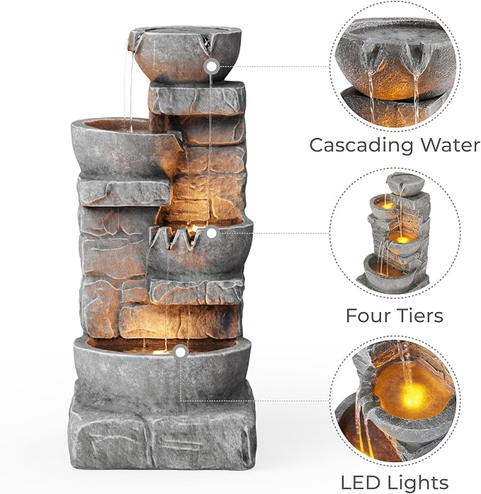 Teamson Home 33.25 in. Cascading Bowls and Stacked Stones LED Outdoor Water Fountain for Gardens, Landscaping, Patios, Balconies, and Lawns for a Calming Oasis in Outdoor Living Spaces, Stone Gray | LED Lights, 3-Tier Cascading Waterfall, Weather-Resis...