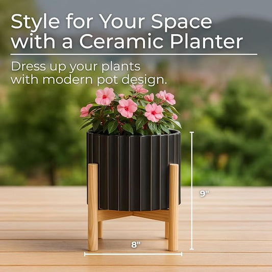 Ceramic Planter with Pine Wood Stand – Plant Pot – Durable Stoneware Planter for Indoor Outdoor Use – Modern Minimalist Plant Holder for Home Decor, Living Room, Garden, Balcony – 9", Black Fluted