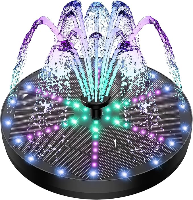 Yzert Upgraded Solar Fountain Bird Bath with 60 LED Lights, Solar Powered Water Fountain Pump with 4000mAh Battery 7 Nozzles 4 Fixers, for Garden Patio Pond Birdbath Pool