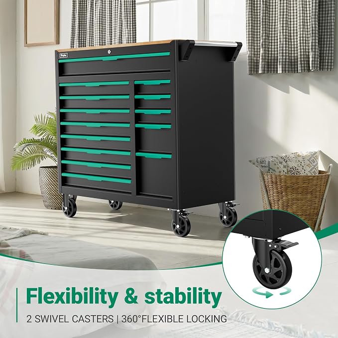 14-Drawers Rolling Tool Chest with Wood Workbench,Brake Casters,Lock & Key,Heavy-Duty Steel Tool Cabinet Storage, for Home,Garbge or Workshop Use (14 Drawers)